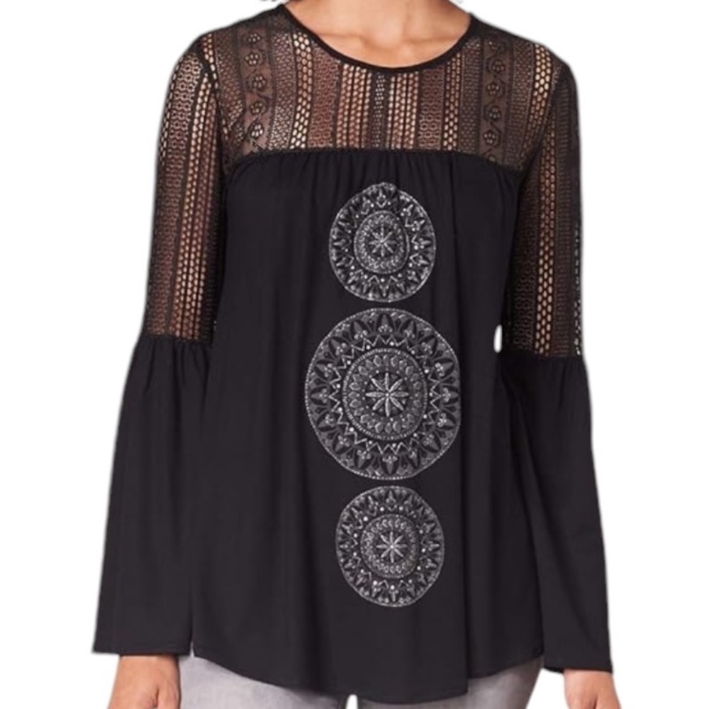 Desigual Black Knit Top with Crochet Bodice and Medallion Detail M